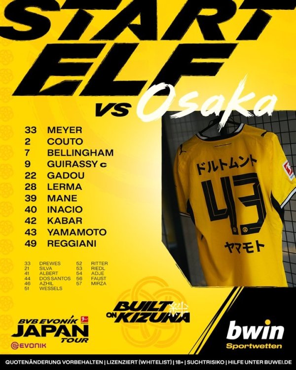 多特热身赛vs大阪樱花首发：吉拉西、小贝林厄姆出战
